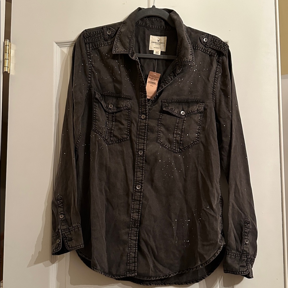 American Eagle Blackish/Gray Paint Spotted Button Down Shirt- Sz: Medium